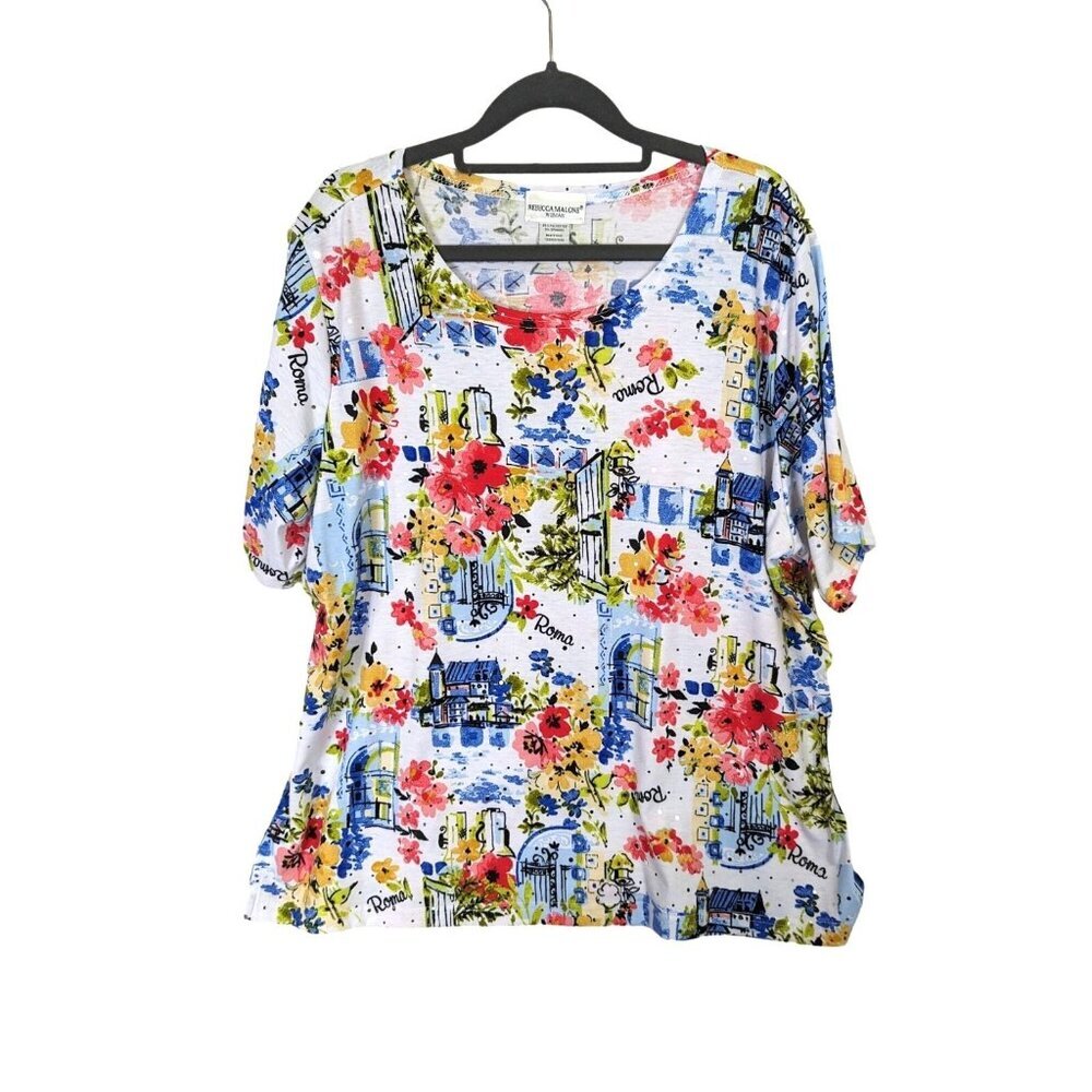 Rebecca Malone Travel Print Top Plus size 1X Short Sleeve Stretch Bling Floral